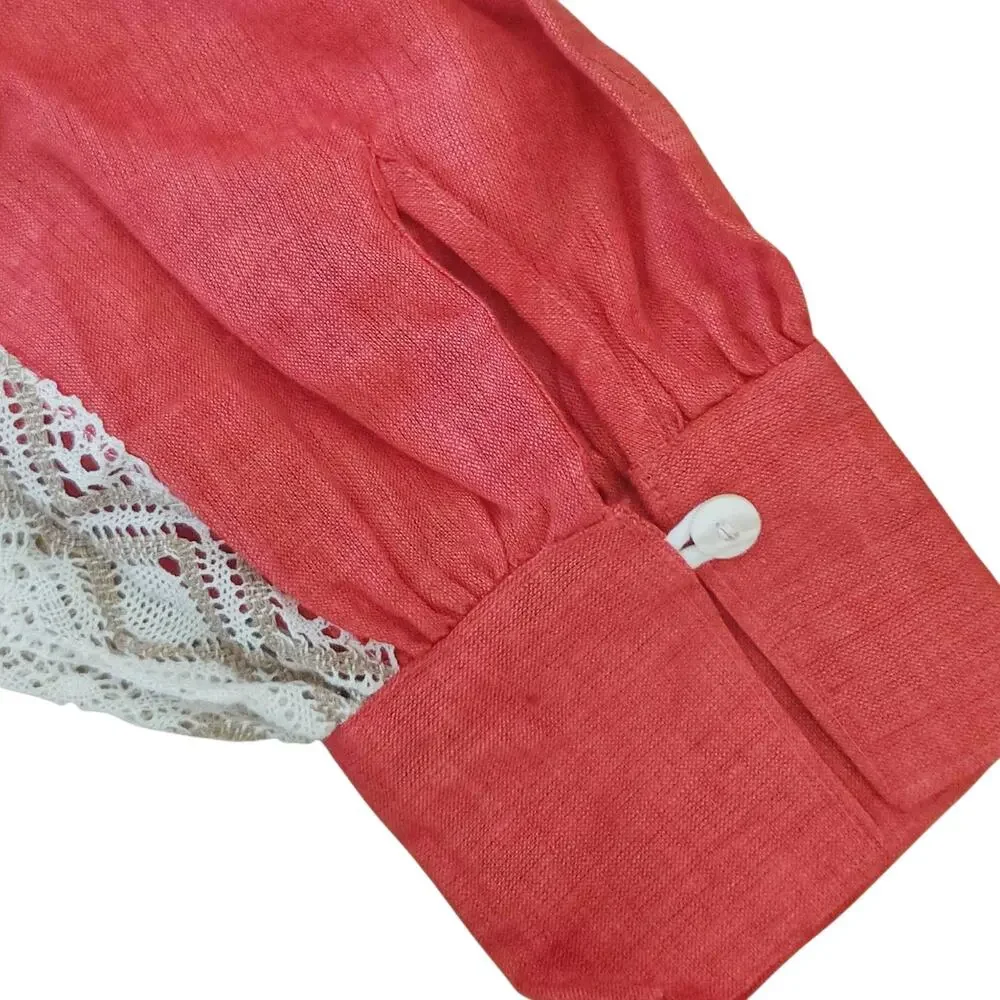 HILOS DE SOL Dalia Mexican embroidered linen lace belted red dress Size S M NEW - Picture 6 of 9